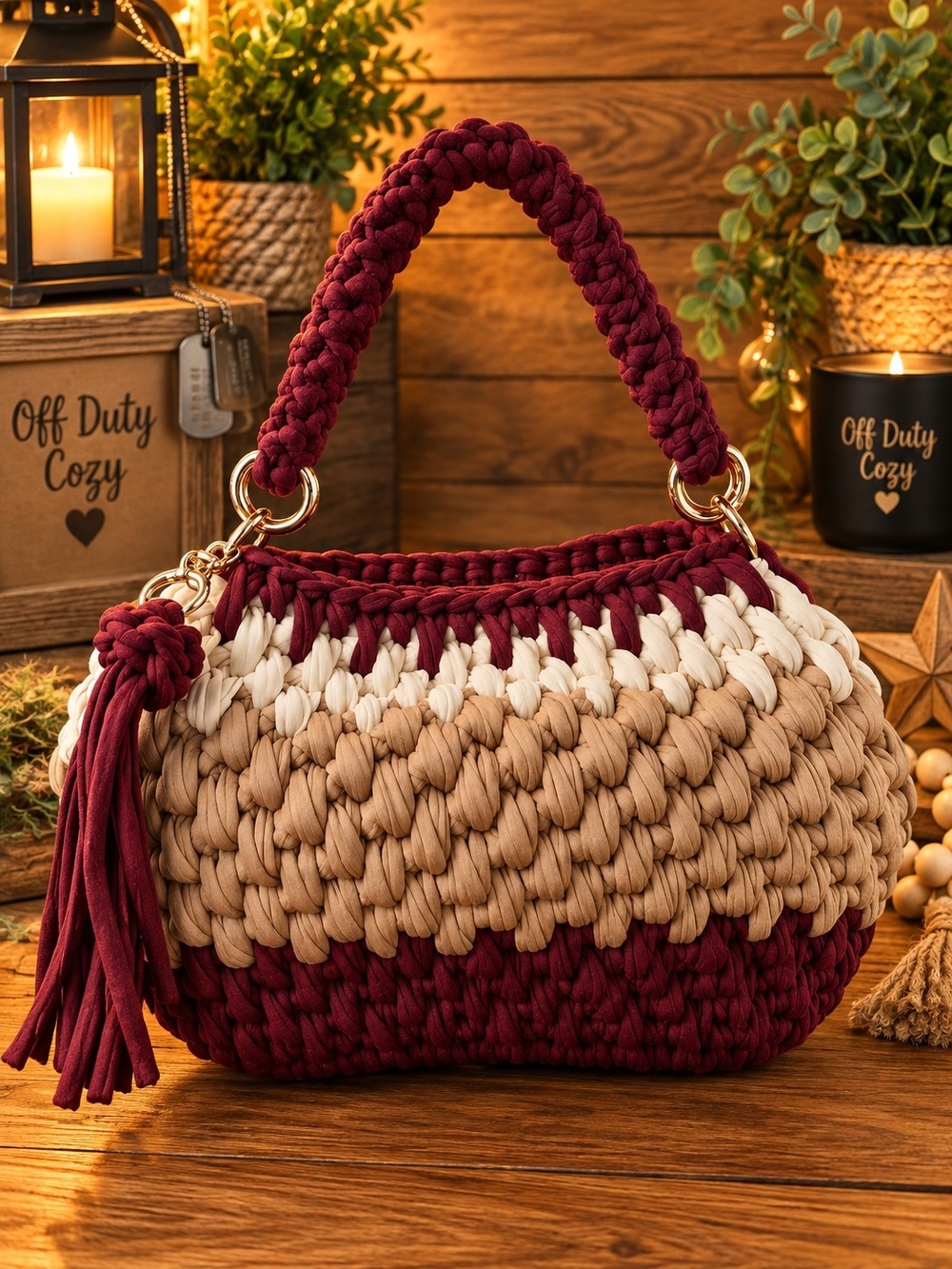 Handwoven Burgundy, Tan & Cream Crochet Tote